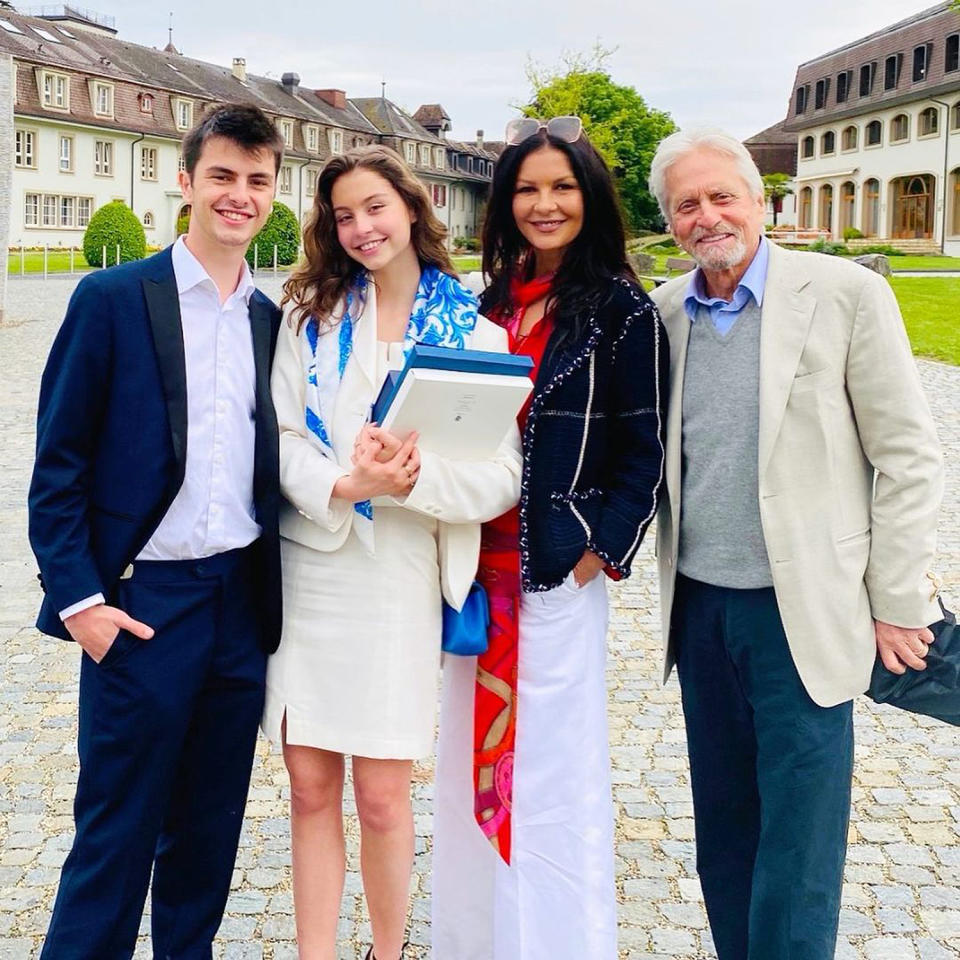 <p>The proud parents commemorated their 18-year-old daughter Carys’ <a href="https://people.com/movies/michael-douglas-catherine-zeta-jones-daughter-carys-graduates-high-school-family-photos/" rel="nofollow noopener" target="_blank" data-ylk="slk:high school graduation;elm:context_link;itc:0;sec:content-canvas" class="link ">high school graduation</a> with a sweet <a href="https://www.instagram.com/p/CPI_Ocss6Di/" rel="nofollow noopener" target="_blank" data-ylk="slk:Instagram tribute;elm:context_link;itc:0;sec:content-canvas" class="link ">Instagram tribute</a> on each of their accounts. </p> <p>“Congratulations to Carys and the entire class of 2021! Your Mom and I are so proud of you! We love you so much and we are so excited for your future as the best is yet to come! ❤️ Dad,” wrote <i>The Kominsky Method </i>star. </p> <p>On her <a href="https://www.instagram.com/p/CPJD939rIgu/" rel="nofollow noopener" target="_blank" data-ylk="slk:Instagram;elm:context_link;itc:0;sec:content-canvas" class="link ">Instagram</a> profile, the <i>Mask of Zorro </i>actress added, “Carys!!! What a proud day as our daughter Carys graduates with honors for her International Baccalaureate! You rock and we love you. 👩‍🎓👩‍🎓👩‍🎓.”</p>