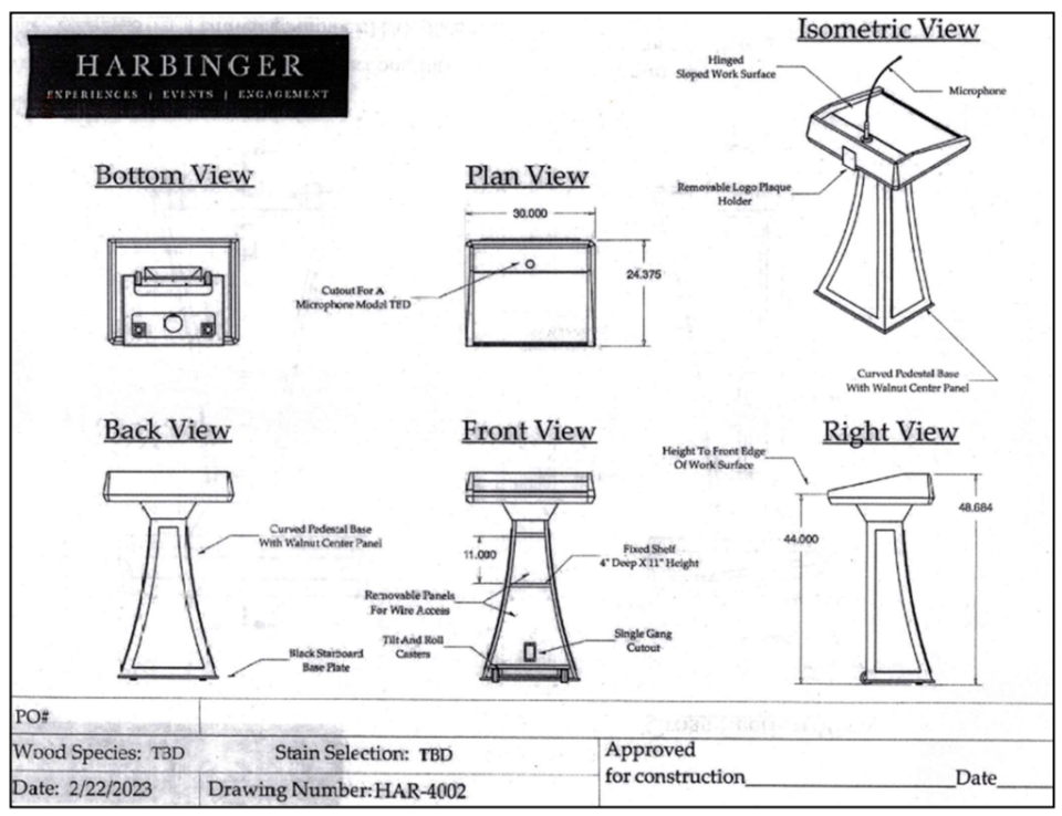 Draft schematics of the podium at issue in a Joint Legislative Audit Committee hearing on Tuesday, April 16, 2024, as included in the audit report released April 15.