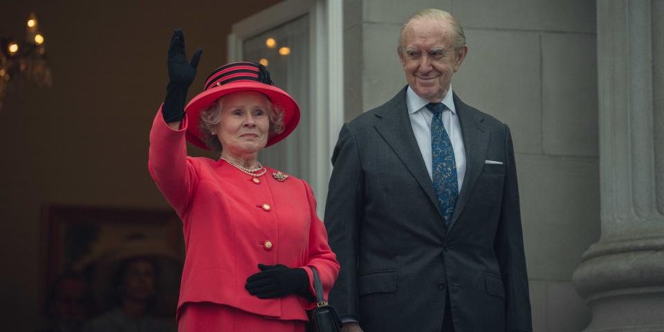 Imelda Staunton as Queen Elizabeth II and Jonathan Pryce as Prince Phillip. Credit: Justin Downing