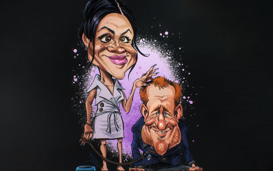 The cartoon depicting the the Duke of Sussex on all fours, with the Duchess holding a dog lead - as shown in the documentary - Netflix