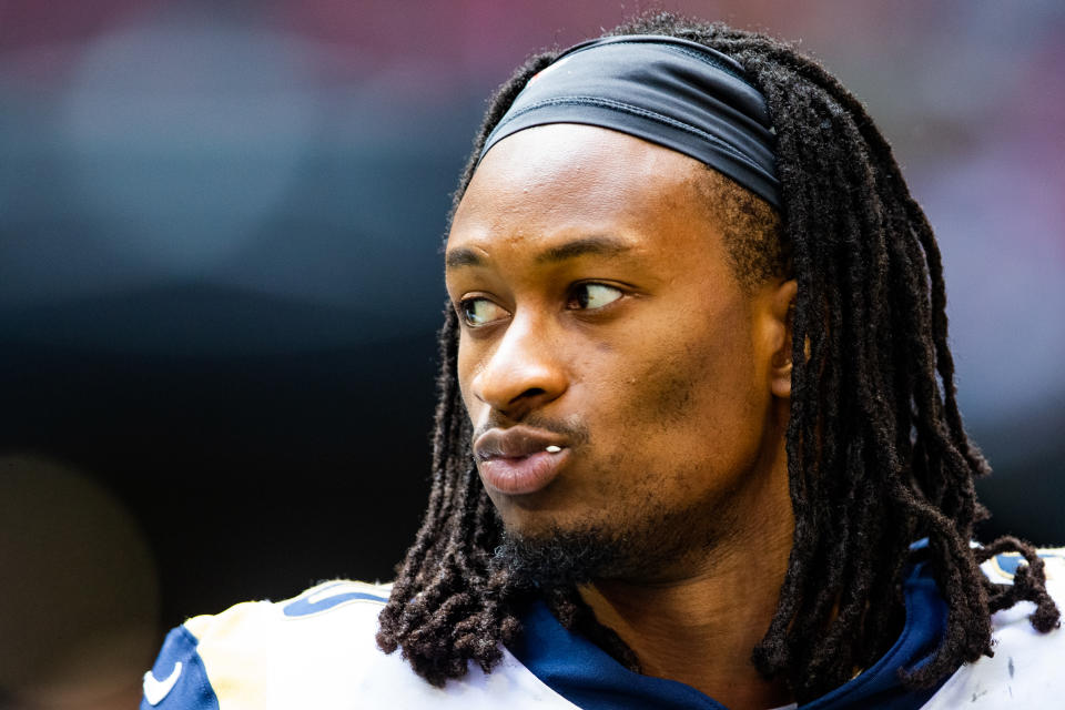 ATLANTA, GA - OCTOBER 20: Todd Gurley #30 of the Los Angeles Rams looks on during a game against the Atlanta Falcons at Mercedes-Benz Stadium on October 20, 2019 in Atlanta, Georgia. (Photo by Carmen Mandato/Getty Images)