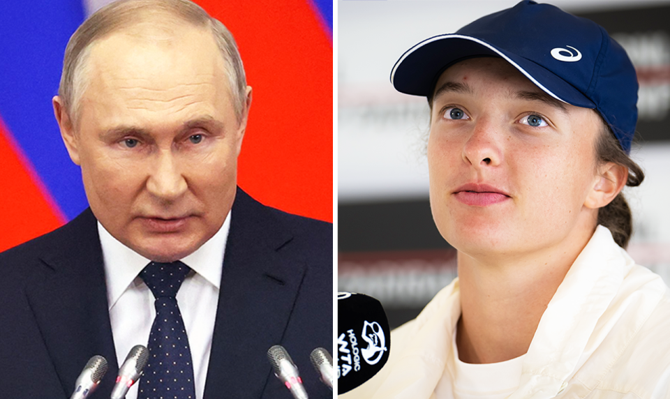 Tennis star Iga Swiatek (pictured right) during a press conference and (pictured left) Russian President Vladimir Putin.