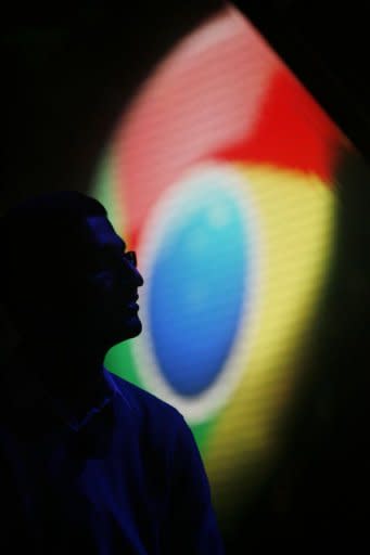 A Google Chrome logo is seen behind Sundar Pichai, senior vice president of Chrome, during the Chrome keynote at Google's annual developer conference, Google I/O, in San Francisco