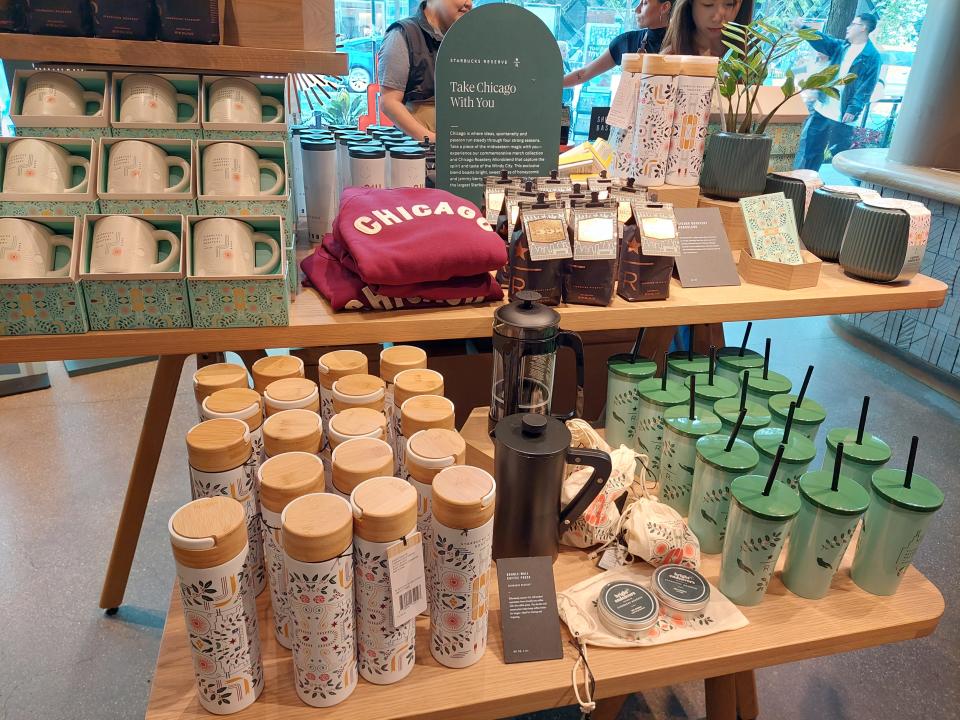 Merchandise for sale at the Starbucks Reserve Roastery in Chicago