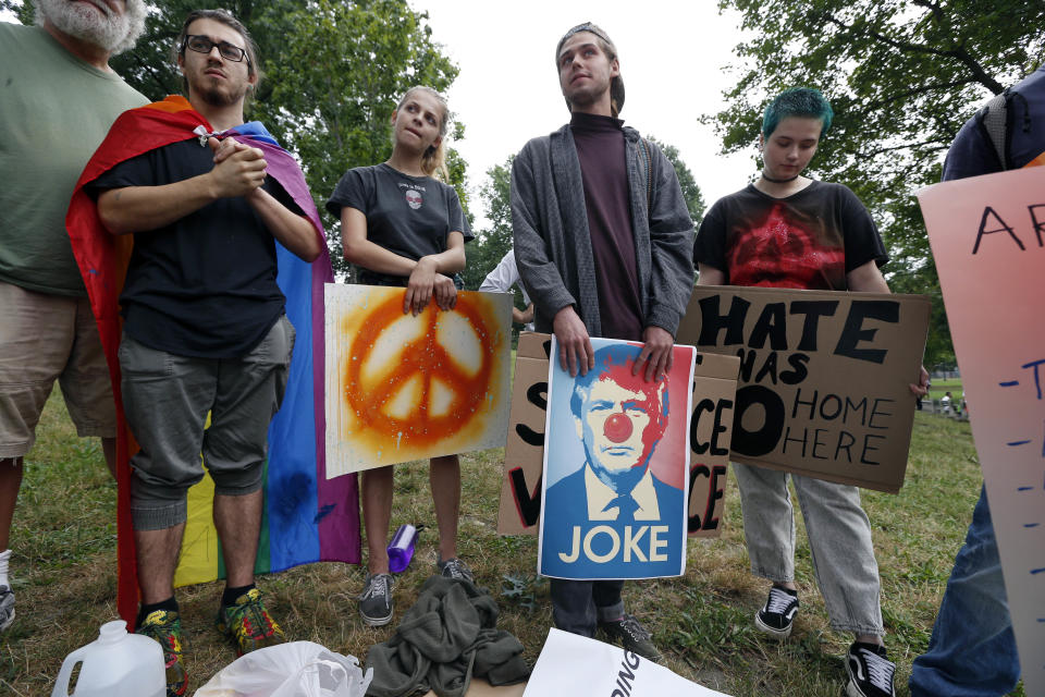 <p>Counterprotesters wait for the start of a planned “Free Speech” rally on Boston Common, Saturday, Aug. 19, 2017, in Boston. (Photo: Michael Dwyer/AP) </p>