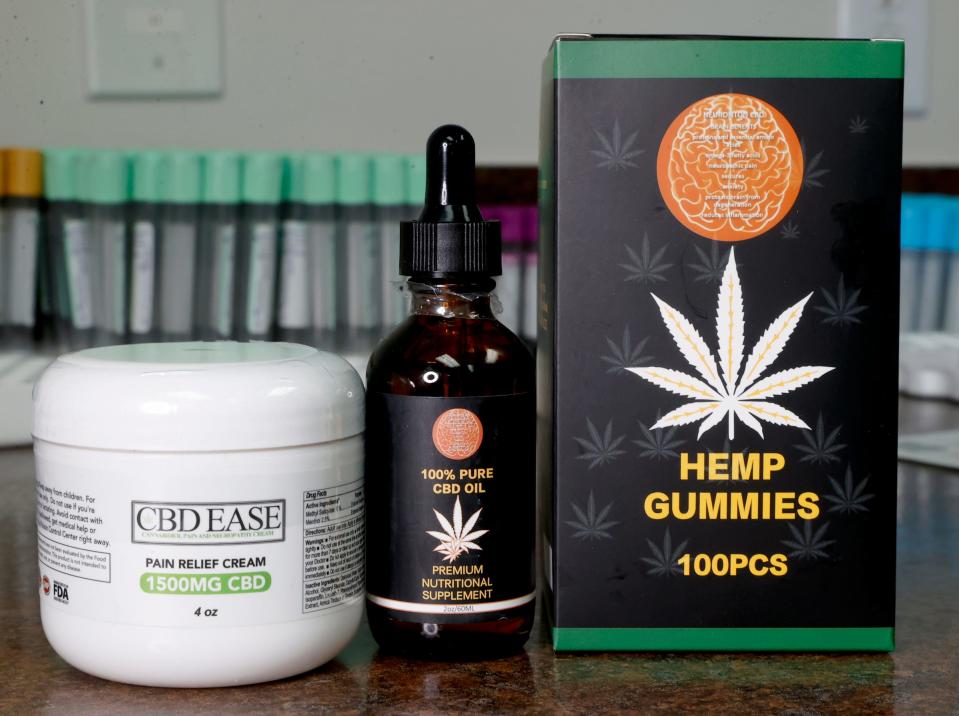 Some of the CBD creams, drops and gummies that Dr. Tessy Jenkins, a neurologist for the past 39 years and who runs the Northwest Neurology Clinic offices in Southfield, has for her clients to use to help easy the pain of various ailments in the body.