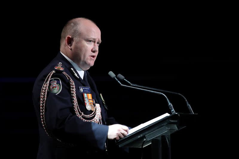 New South Wales Rural Fire Service Commissioner Fitzsimmons speaks during a state memorial honouring victims of the Australian bushfires in Sydney