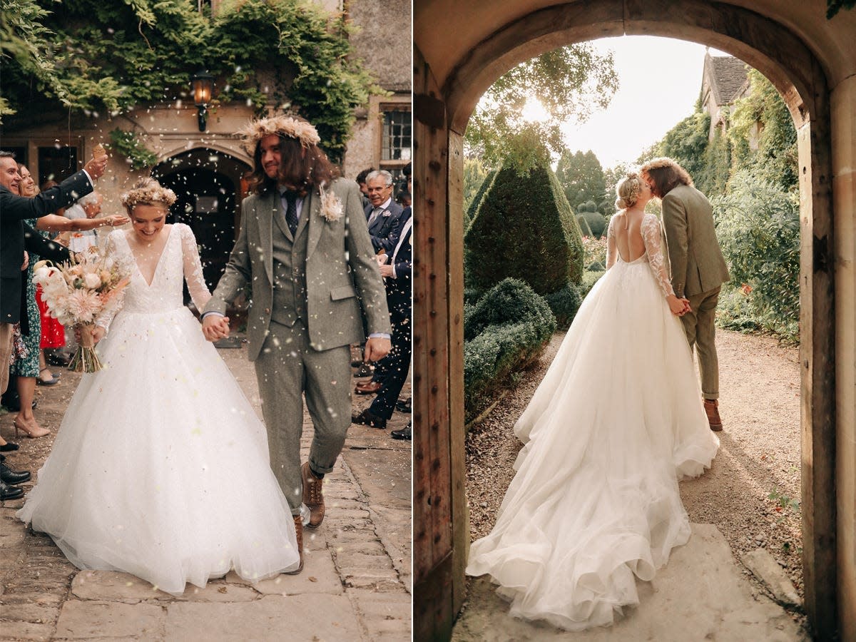 A front-and-back shot of a couple at their wedding.