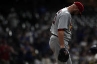 St. Louis Cardinals' Jon Lester reacts after giving up a solo home run to Milwaukee Brewers' Luis Urias during the second inning of a baseball game Monday, Sept. 20, 2021, in Milwaukee. (AP Photo/Aaron Gash)