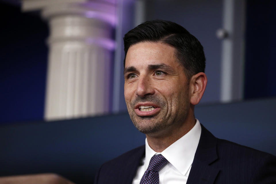 Acting Secretary of Homeland Security Chad Wolf speaks about the coronavirus in the James Brady Press Briefing Room of the White House, Wednesday, April 1, 2020, in Washington. (AP Photo/Alex Brandon)