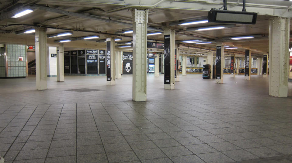 Times Square subway station, one of the busiest in New York, is seen eerily empty on Sunday, October 28, 2012, after Mayor Bloomberg ordered a shutdown of the city's transit system ahead of Hurricane Sandy. (Aaron Donovan/MTA)