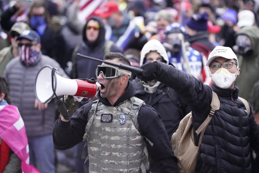 WASHINGTON, DC - JANUARY 06: Protesters gather on the second day of pro-Trump events fueled by President Donald Trump's continued claims of election fraud in an to overturn the results before Congress finalizes them in a joint session of the 117th Congress on Wednesday, Jan. 6, 2021 in Washington, DC. (Kent Nishimura / Los Angeles Times)