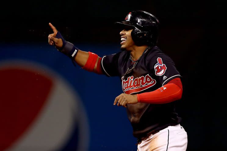 CLEVELAND, OH - OCTOBER 25: Francisco Lindor #12 of the Cleveland Indians reacts after being tagged out by Javier Baez #9 of the Chicago Cubs (not pictured) as he attempted to steal second base during the third inning in Game One of the 2016 World Series at Progressive Field on October 25, 2016 in Cleveland, Ohio. (Photo by Elsa/Getty Images)