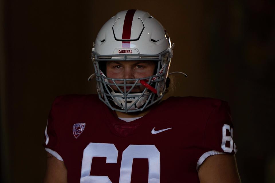 Stanford center Drake Nugent before the game against Oregon at Stanford Stadium on Oct. 2, 2021.