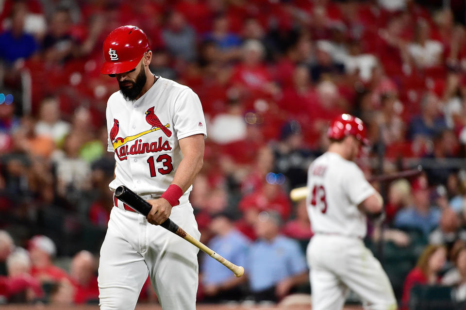 ST LOUIS, MO - AUGUST 21: Matt Carpenter #13 of the St. Louis Cardinals walks back to the dugout after striking out with runners in scoring position during the sixth inning against the Milwaukee Brewers at Busch Stadium on August 21, 2019 in St Louis, Missouri. (Photo by Jeff Curry/Getty Images)