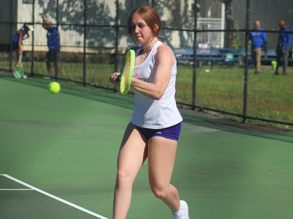 Fletcher's Addison Malone hits a return against Stanton's Emma Griner in the Gateway Conference high school girls tennis championships on April 4, 2024. [Clayton Freeman/Florida Times-Union]