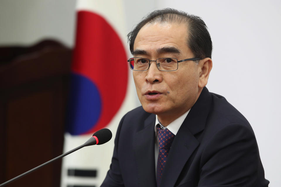 Thae Yong Ho, a former minister at the North Korean Embassy in London who came to Seoul with his family in 2016, speaks during a press conference at the National Assembly in Seoul, South Korea, Tuesday, Feb. 11, 2020. Thae said Tuesday he'll run in upcoming parliamentary elections in South Korea as part of his efforts to help South Koreans understand the true nature of North Korea and map out a better unification policy. (Kim In-chul/Yonhap via AP)
