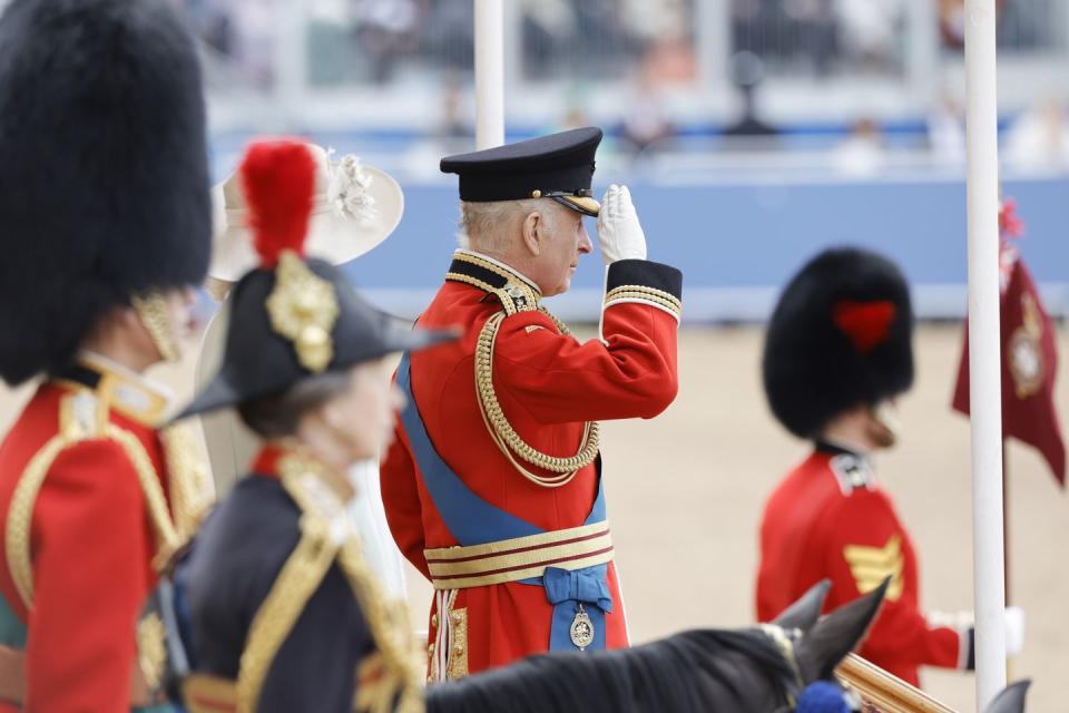 london, england june 15 king charles iii during trooping the colour at horse guards parade on june 15, 2024 in london, england trooping the colour is a ceremonial parade celebrating the official birthday of the british monarch the event features over 1,400 soldiers and officers, accompanied by 200 horses more than 400 musicians from ten different bands and corps of drums march and perform in perfect harmony photo by john phillipsgetty images