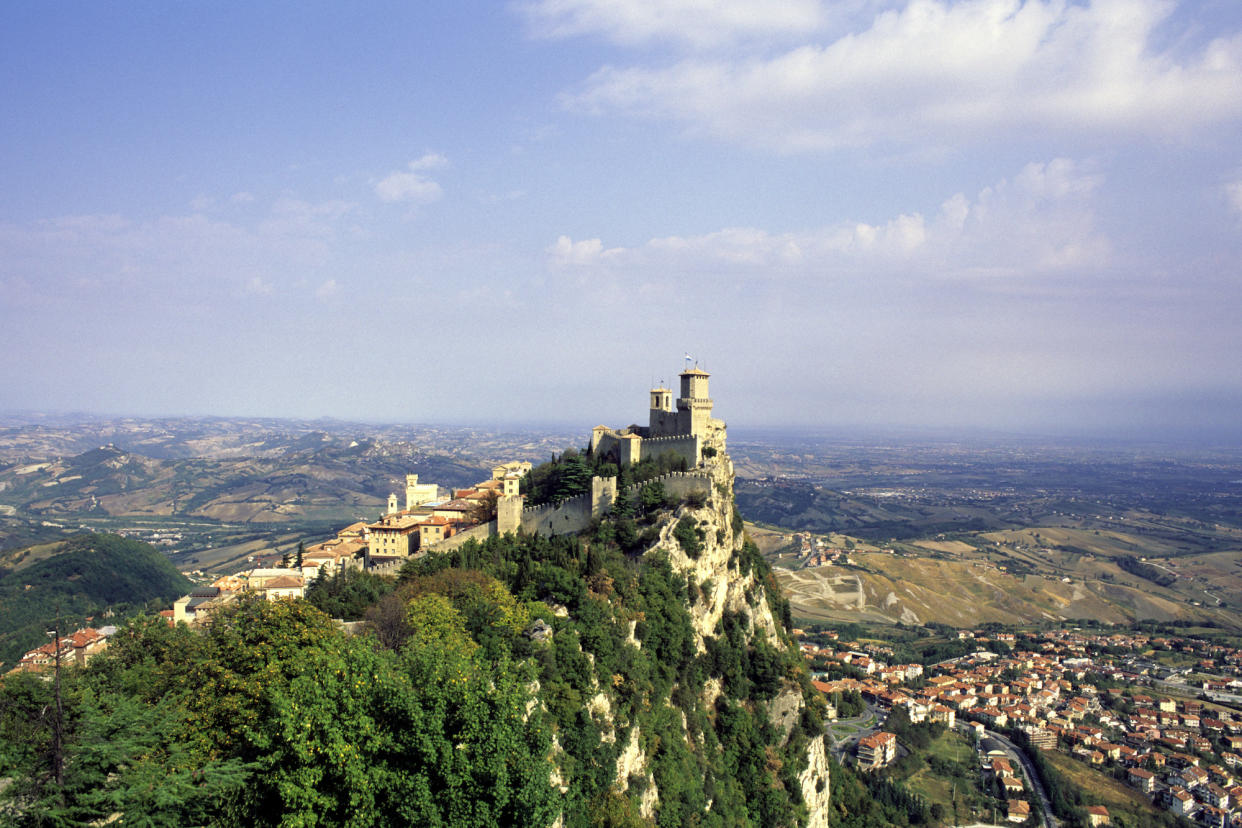 Guaita Tower in San Marino City, the capital of the European microstate. (Giovanni Mereghetti/UCG via Getty Images)