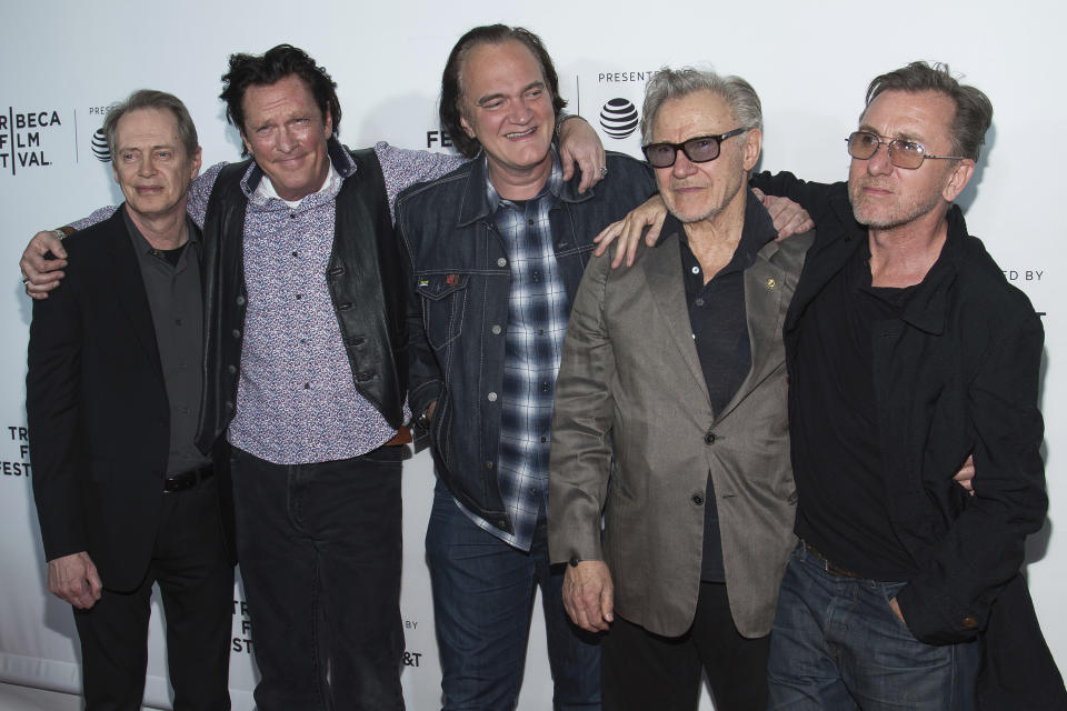 Steve Buscemi, Michael Madsen, Quentin Tarantino, Harvey Keitel and Tim Roth, from left, attend the “Reservoir Dogs” 25th anniversary screening during the Tribeca Film Festival on Friday, April 28, 2017, in New York. (Photo by Charles Sykes/Invision/AP)