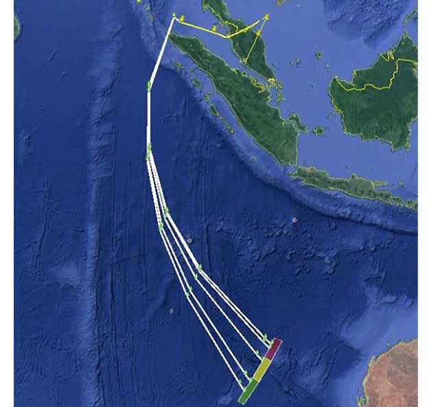 A map shows the possible path of Malaysia Airlines flight MH370 as released to Reuters by the Malaysian Transport Ministry.