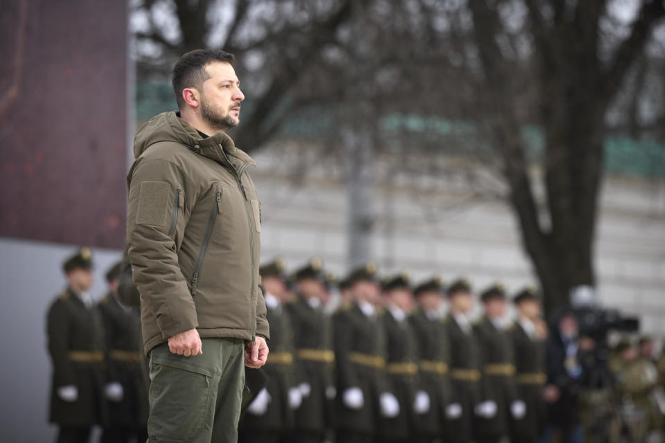 Ukrainian President Volodymyr Zelenskyy attends a commemorative event on the date marking one year since the start of Russia's full-scale invasion of his nation, in Kyiv, Ukraine, Feb. 24, 2023. / Credit: Ukrainian Presidential Press Office via AP