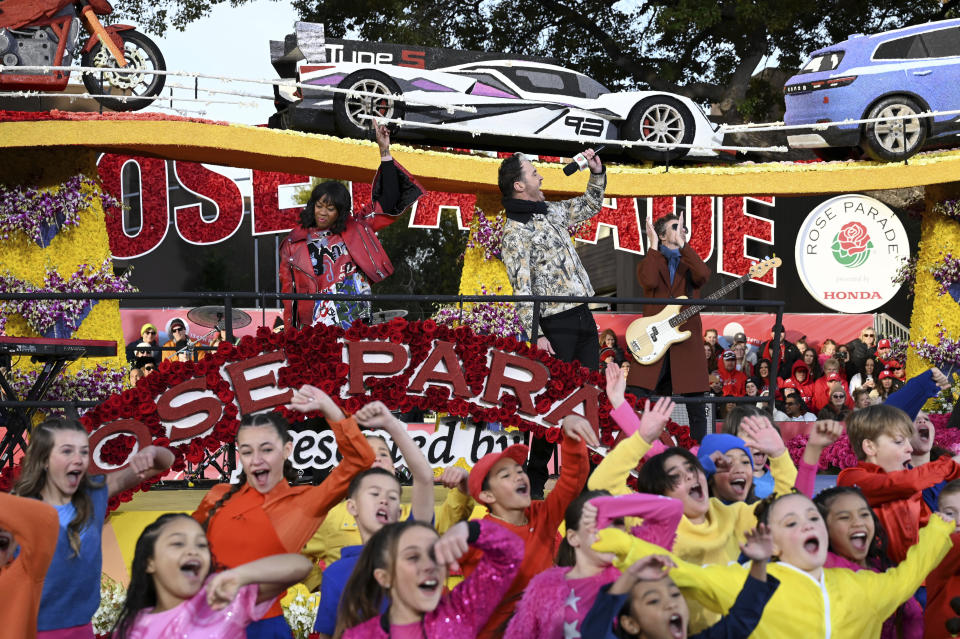 Fitz and The Tantrums perform during the Rose Parade Opening Spectacular at the 134th Rose Parade in Pasadena, Calif., Monday, Jan. 2, 2023. (AP Photo/Michael Owen Baker)