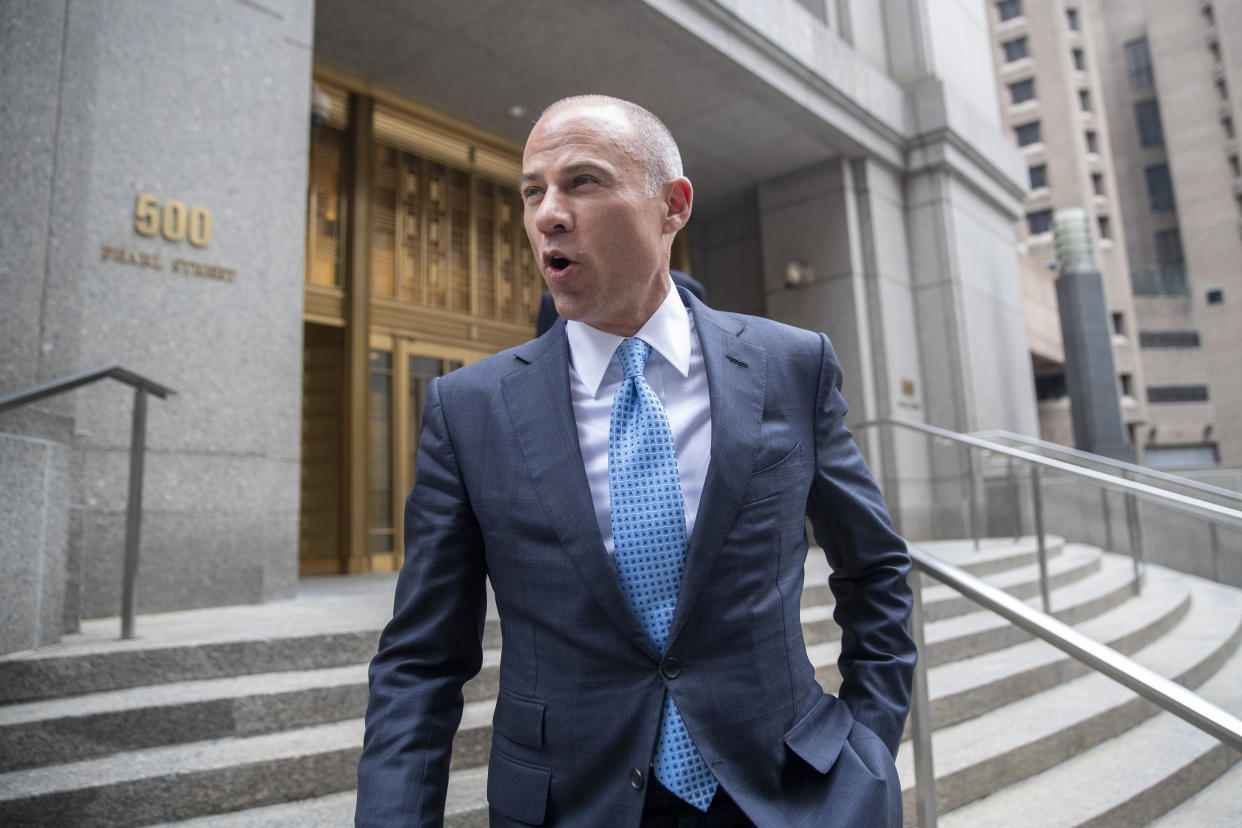 FILE  - In this Oct 8, 2019, file photo, attorney Michael Avenatti leaves Manhattan Federal court in New York. Avenatti has a hearing Wednesday, Nov. 13 in his effort to again take one of his law firms into bankruptcy proceedings. (AP Photo/Mary Altaffer, File)