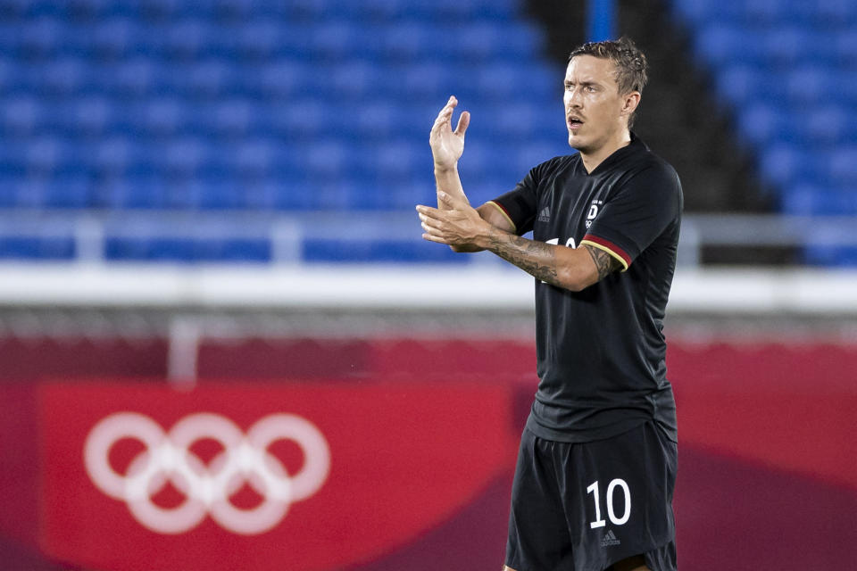 YOKOHAMA, JAPAN - JULY 22: (BILD ZEITUNG OUT) Max Kruse of Germany gestures in the Men's First Round Group D match between Brazil and Germany during the Tokyo 2020 Olympic Games at International Stadium Yokohama on July 22, 2021 in Yokohama, Kanagawa, Japan. (Photo by Tom Weller/DeFodi Images via Getty Images)