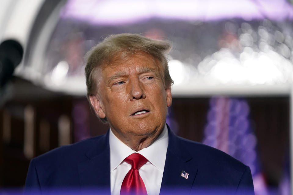 FILE - Former President Donald Trump speaks at Trump National Golf Club in Bedminster, N.J., June 13, 2023, after pleading not guilty in a Miami courtroom earlier in the day to mishandling classified documents. A pretrial conference Tuesday, July 18, to discuss procedures for handling classified information will represent the first courtroom arguments in the case before U.S. District Judge Aileen Cannon since Trump was indicted five weeks ago. (AP Photo/Andrew Harnik, File)