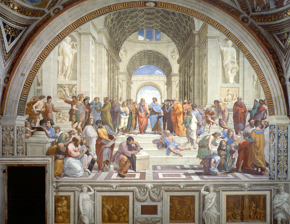 Raphael was only in his mid-20s when he began The School of Athens, which isn&#39;t humbling at all. He seems to have realized that instead of attempting to paint the different physical identities of each real-life figure, he should roll with the inevitable mystery. As a certain fantastic BBC article says, 