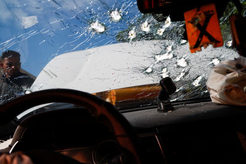 Car targeted by Israeli forces during a raid where they killed a Palestinian militant, near Tubas