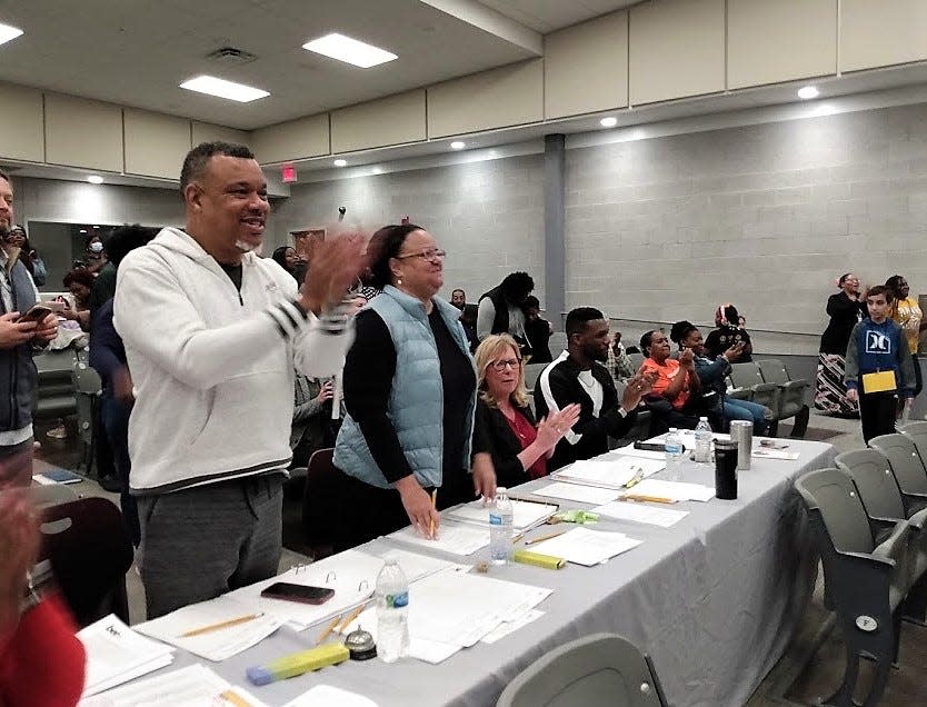 Official judges for the Hinds County Spelling Bee were, from left, Othor Cain; Vicki Davidson Ph.D.; and Chasedy Bergold-Gilford. Seated next to Bergold-Gilford is Jackson Public Schools Deputy Superintendent. Michael Cormack, Ph.D., who served as the official pronouncer.
