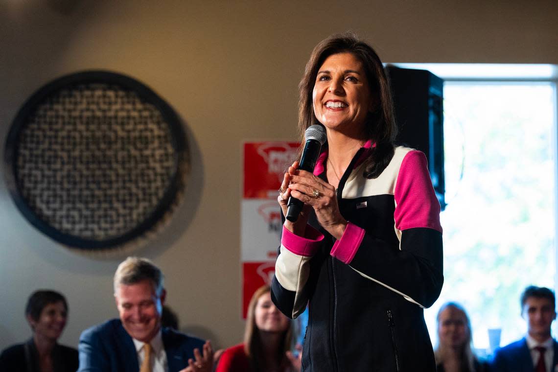 Primary candidate and former South Carolina governor Nikki Haley speaks to supporters at Doc’s Barbeque on Thursday, February, 2024.