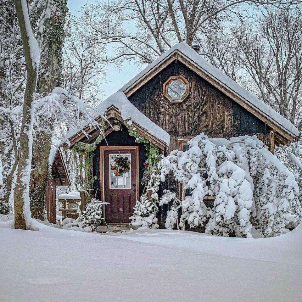 snowy cottage on airbnb