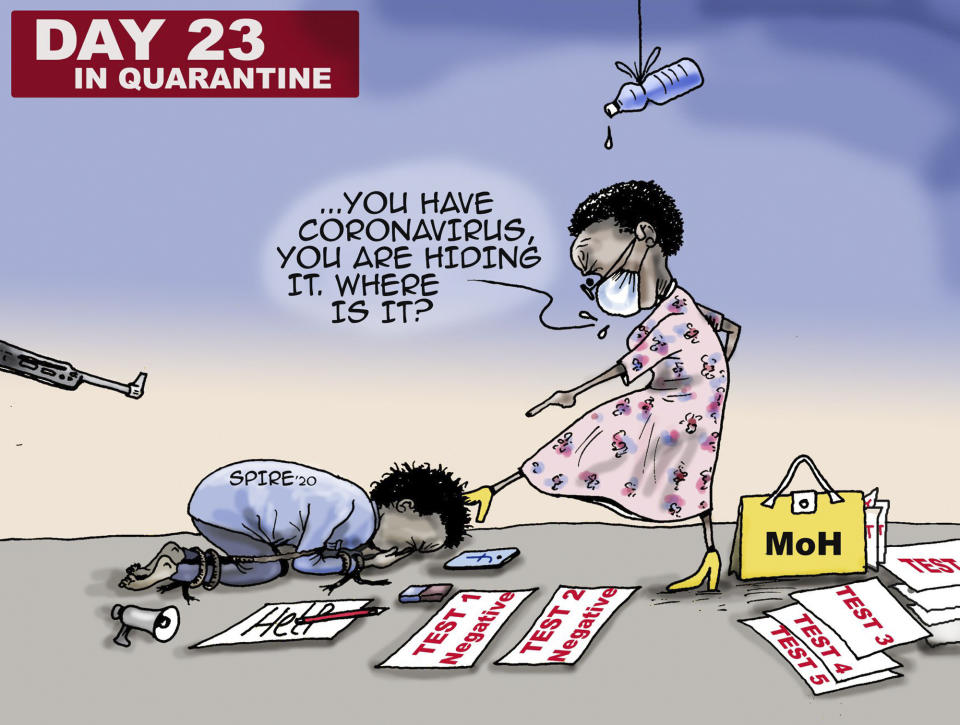 This cartoon published on April 9, 2020, by cartoonist Jimmy Spire Ssentongo shows a prisoner, bound and kneeling, begging for liberation after multiple negative coronavirus tests, while a health minister demands where the virus is hiding. The widely circulated cartoon illustrated how Ssentongo and others in Uganda felt after a quarantine stay so long that some people bribed their way out and others went on a hunger strike, Ssentongo told The Associated Press. (Jimmy Spire Ssentongo via AP)