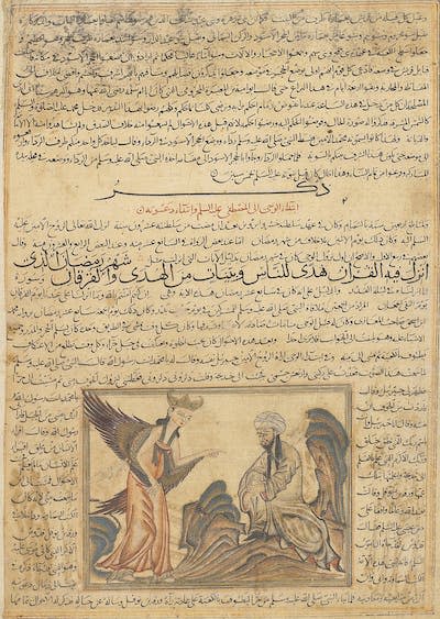 A painting showing the Prophet Muhammad receiving the beginning of Quranic revelations from God through the angel Gabriel. <a href="https://images.is.ed.ac.uk/luna/servlet/detail/UoEsha~4~4~64742~103064?page=220&q%20vq=&mi=220&trs=318" rel="nofollow noopener" target="_blank" data-ylk="slk:Rashid al-Din, Jami‘ al-Tawarikh (Compendium of Chronicles), Tabriz, Iran, 1306-1315 CE. Edinburgh University Library, Edinburgh, Ms. Or. 20.;elm:context_link;itc:0;sec:content-canvas" class="link ">Rashid al-Din, Jami‘ al-Tawarikh (Compendium of Chronicles), Tabriz, Iran, 1306-1315 CE. Edinburgh University Library, Edinburgh, Ms. Or. 20.</a>