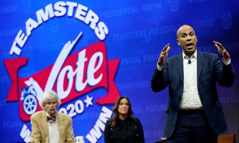 Cory Booker speaks at the Teamsters Vote 2020 Presidential Candidate Forum in Cedar Rapids, Iowa on Saturday.