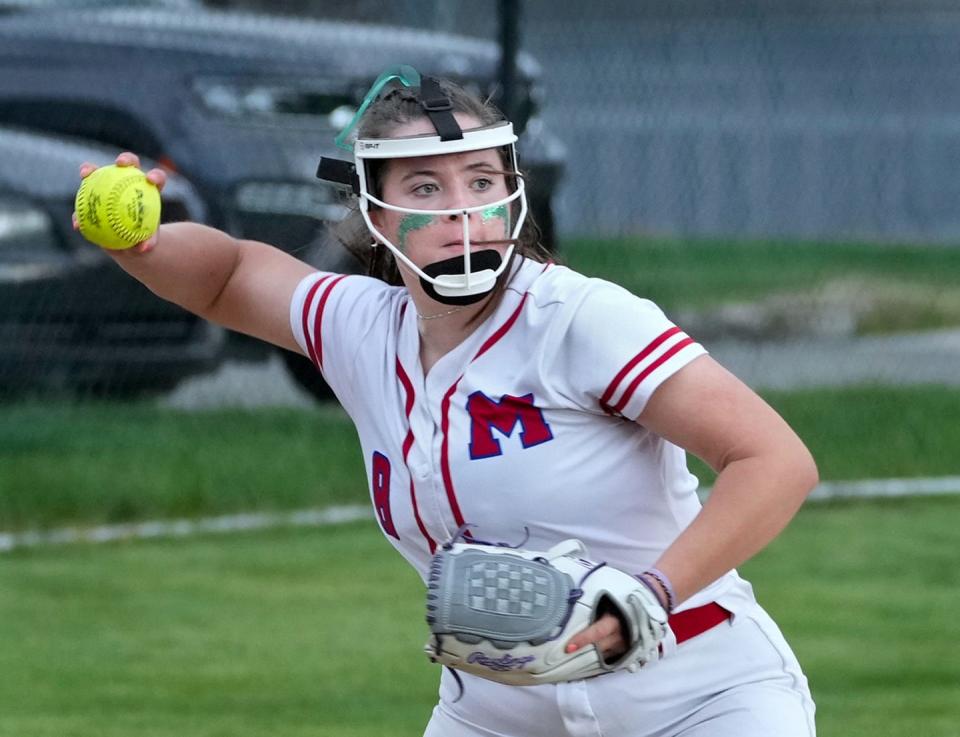 Mount St. Charles pitcher Olivia Young in action on April 27.