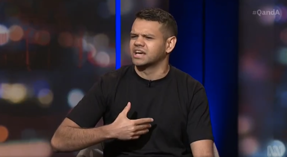 Pictured is former Neighbour's actor Meyne Wyatt delivering a rousing response to comments about racism in Australia on the ABC's Q&A program.