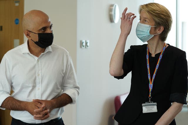 Health Secretary Sajid Javid alongside Amanda Pritchard, chief executive of NHS England, during a visit to Milton Keynes University hospital (Jacob King/PA)