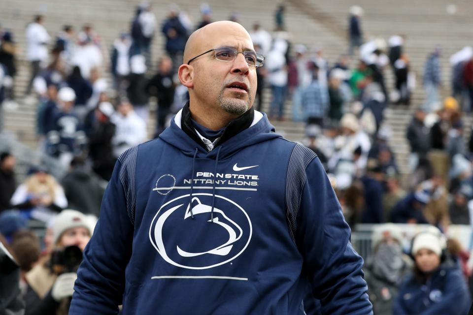 Nov 20, 2021; University Park, Pennsylvania, USA; Penn State Nittany Lions head coach James Franklin walks off the field following the game against the Rutgers Scarlet Knights at Beaver Stadium. Penn State defeated Rutgers 28-0. Mandatory Credit: Matthew OHaren-USA TODAY Sports