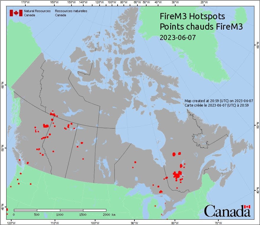 Canadian wildfire hotspots are seen on a National Weather Service map published Thursday.