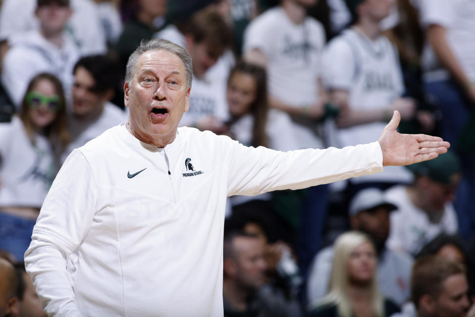 Michigan State coach Tom Izzo reacts during the second half of an NCAA college basketball game against Ohio State, Saturday, March 4, 2023, in East Lansing, Mich. (AP Photo/Al Goldis)