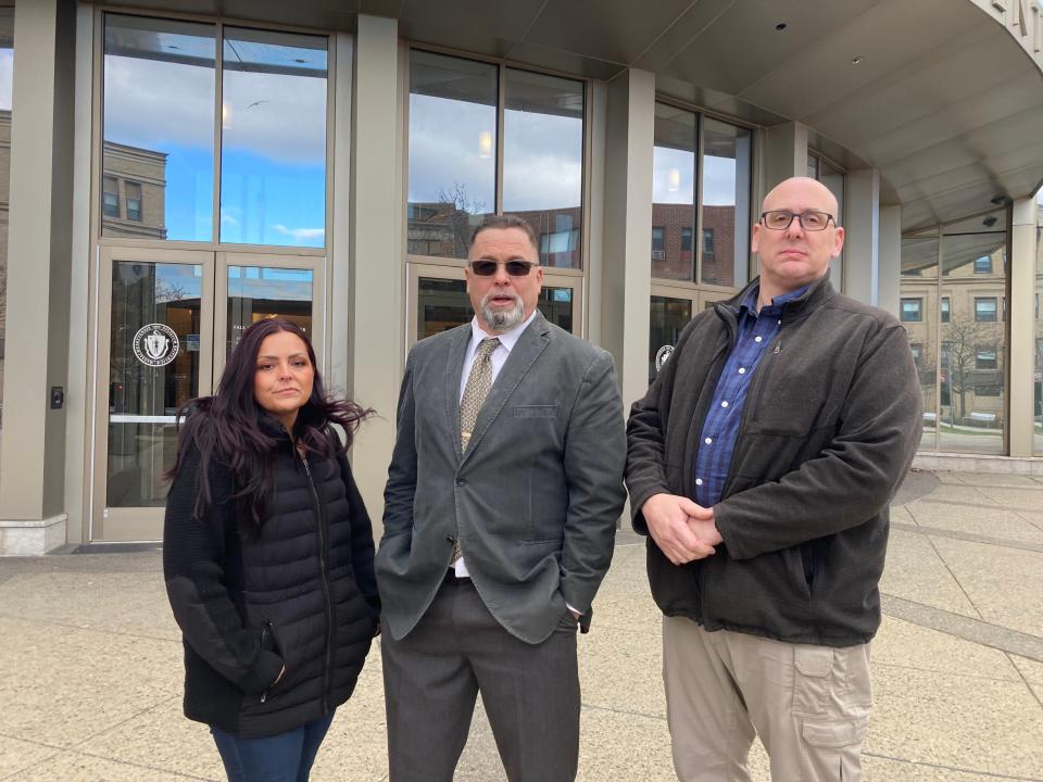 Swansea's Melissa Afonso, Water and Sewer committees' member James Pelletier and Brian Bell outside Fall River Justice Center after Swansea Planning Board member Jonathan Carreiro's hearing on Thursday.