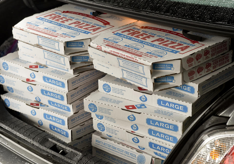 Spring Township, PA - July 10: The trunk of Irene Sileski's trunk is filled with pizzas. At the ManorCare Health Services in Spring Township Friday afternoon where a group from the Berks Democratic Women dropped off a donation of pizzas from Dominos, drinks, and gift bags for the residents July 10, 2020. As a precaution against the spread of coronavirus / COVID-19 everyone wore masks, and staff members carried everything into the facility.  (Photo by Ben Hasty/MediaNews Group/Reading Eagle via Getty Images)