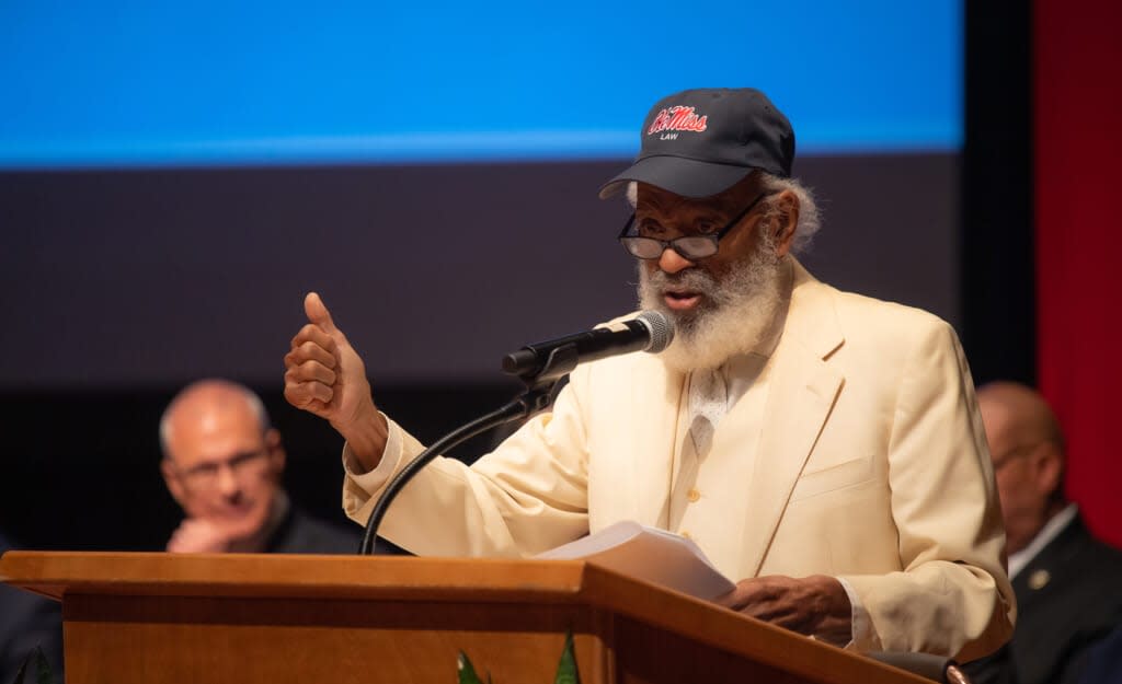 James Meredith speaks Wednesday (Sept. 28) at the Gertrude C. Ford Center for the Performing Arts during ‘The Mission Continues: Building Upon the Legacy,’ a signature event honoring the 60th anniversary of Meredith’s enrollment at the university. (Photo by Kevin Bain/Ole Miss Digital Imaging Services)