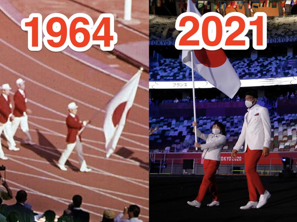 (left) japan entering opening ceremony at tokyo 1964 olympics (right) japan entering opening ceremony at tokyo 2020 olympics