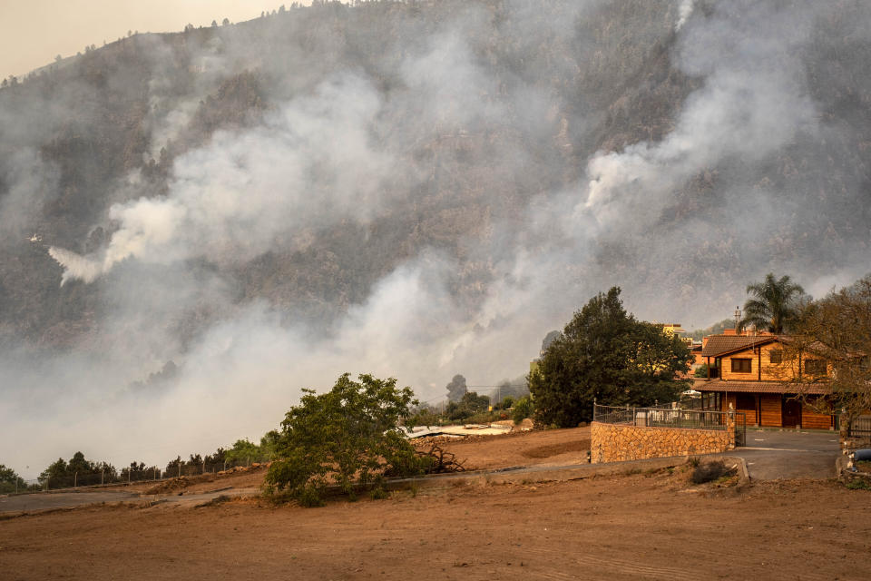 Fire advances through the forest in La Orotava in Tenerife, Canary Islands, Spain on Saturday, Aug. 19, 2023. Firefighters have battled through the night to try to bring under control the worst wildfire in decades on the Spanish Canary Island of Tenerife, a major tourist destination. The fire in the north of the island started Tuesday night and has forced the evacuation or confinement of nearly 8,000 people. Regional officials say Friday's efforts will be crucial in containing the fire. (AP Photo/Arturo Rodriguez)