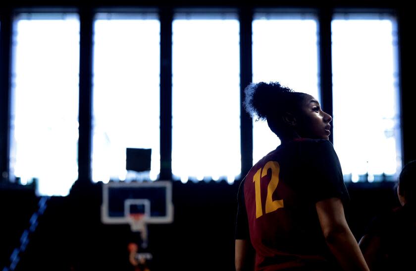 Los Angeles, California December 28, 2023-USC women's basketball player Juju Watkins practices at the Galen Center Thursday. (Wally Skalij/Los Angeles Times)